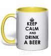 Mug with a colored handle KEEP CALM AND DRINK A BEER yellow фото