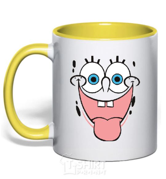 Mug with a colored handle SPUNCH BOB face showing his tongue yellow фото