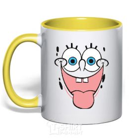 Mug with a colored handle SPUNCH BOB face showing his tongue yellow фото