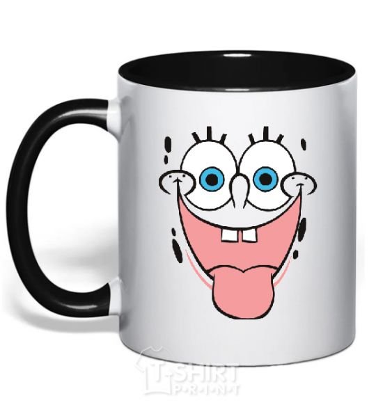 Mug with a colored handle SPUNCH BOB face showing his tongue black фото