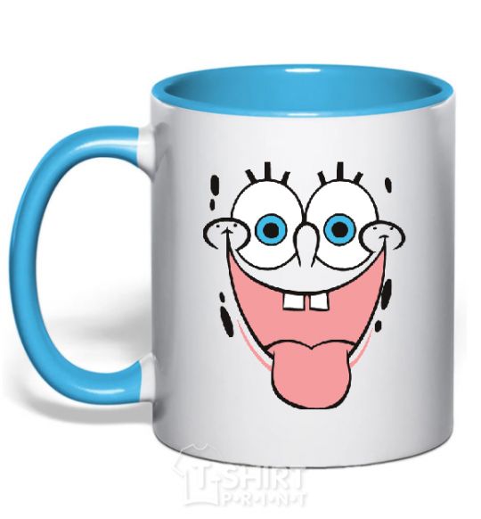 Mug with a colored handle SPUNCH BOB face showing his tongue sky-blue фото