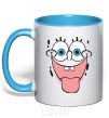 Mug with a colored handle SPUNCH BOB face showing his tongue sky-blue фото