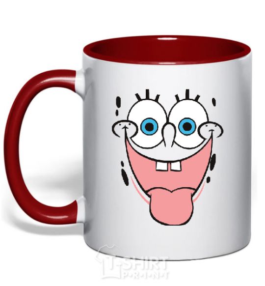 Mug with a colored handle SPUNCH BOB face showing his tongue red фото