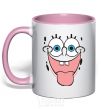 Mug with a colored handle SPUNCH BOB face showing his tongue light-pink фото