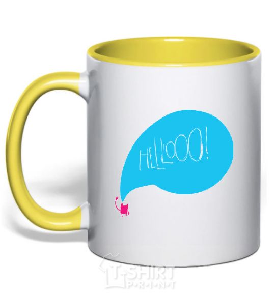 Mug with a colored handle The inscription HELLO yellow фото