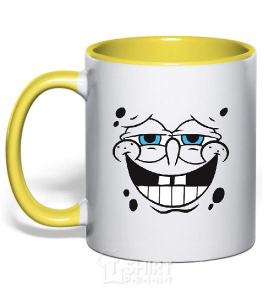 Mug with a colored handle SPUNCH BOB face with a satisfied smile yellow фото