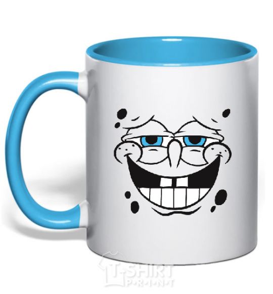 Mug with a colored handle SPUNCH BOB face with a satisfied smile sky-blue фото