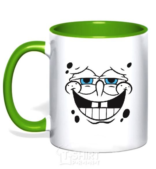 Mug with a colored handle SPUNCH BOB face with a satisfied smile kelly-green фото