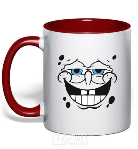 Mug with a colored handle SPUNCH BOB face with a satisfied smile red фото