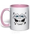 Mug with a colored handle SPUNCH BOB face with a satisfied smile light-pink фото