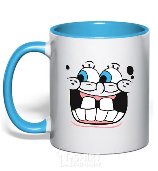 Mug with a colored handle SPUNCH BOB screaming face sky-blue фото