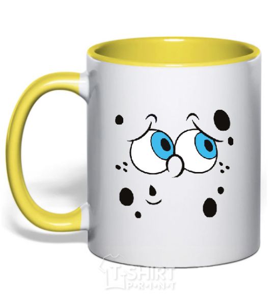 Mug with a colored handle SPUNCH BOB thinking face yellow фото