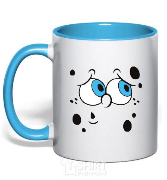 Mug with a colored handle SPUNCH BOB thinking face sky-blue фото