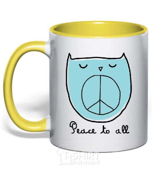 Mug with a colored handle PEACE TO ALL yellow фото