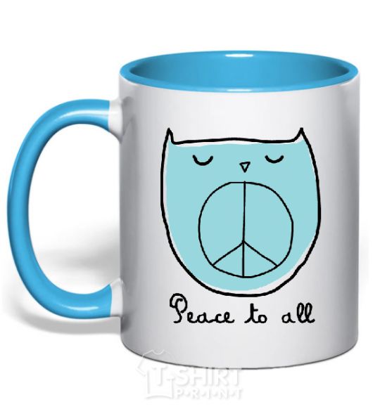 Mug with a colored handle PEACE TO ALL sky-blue фото