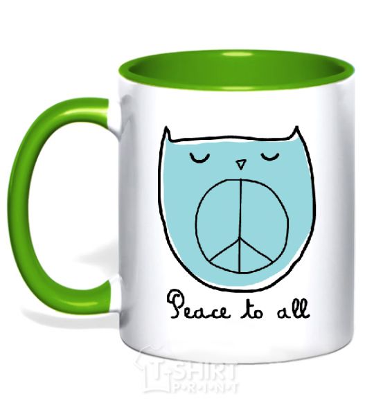 Mug with a colored handle PEACE TO ALL kelly-green фото