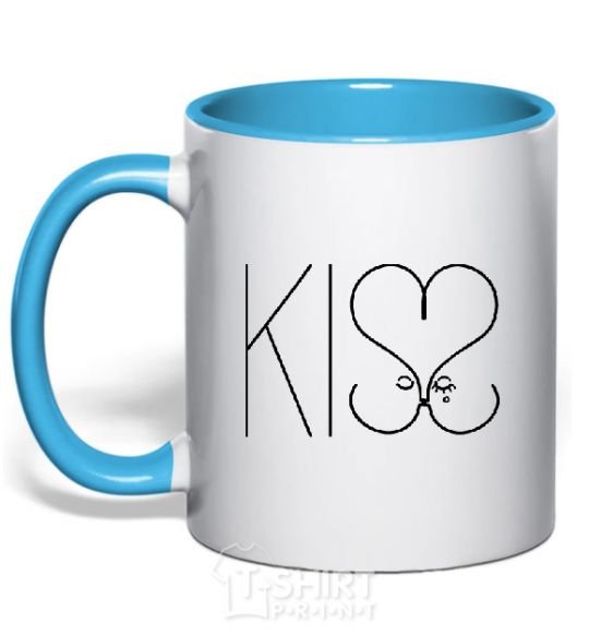Mug with a colored handle KISS with heart sky-blue фото