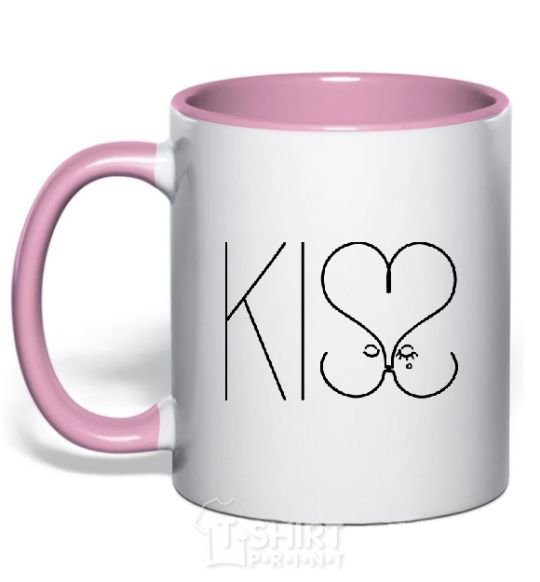 Mug with a colored handle KISS with heart light-pink фото