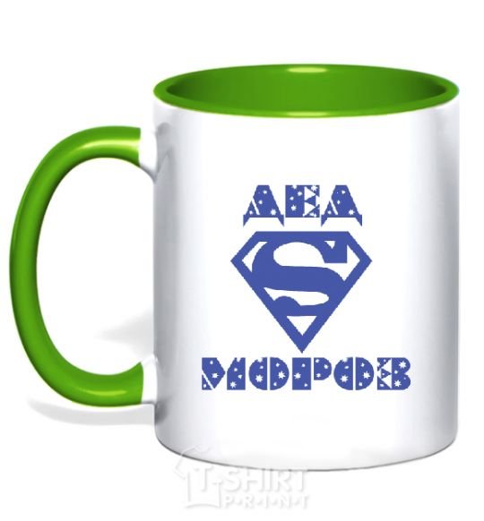 Mug with a colored handle The inscription SUPER FATHER FROST kelly-green фото