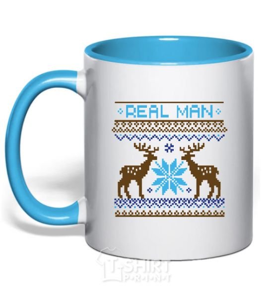 Mug with a colored handle REAL MAN sky-blue фото