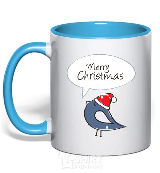 Mug with a colored handle CHRISTMAS BIRD 2 sky-blue фото
