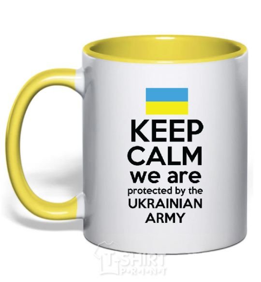 Mug with a colored handle Keep calm we are protected yellow фото