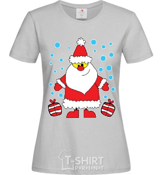 Women's T-shirt SANTA CLAUS WITH A PRESENT grey фото