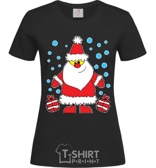 Women's T-shirt SANTA CLAUS WITH A PRESENT black фото