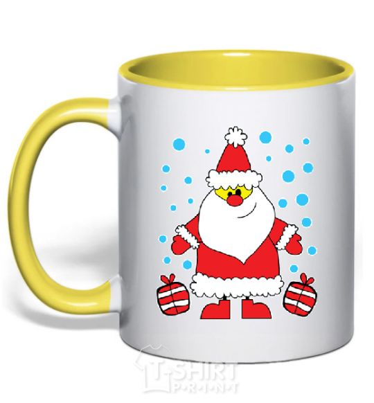 Mug with a colored handle SANTA CLAUS WITH A PRESENT yellow фото