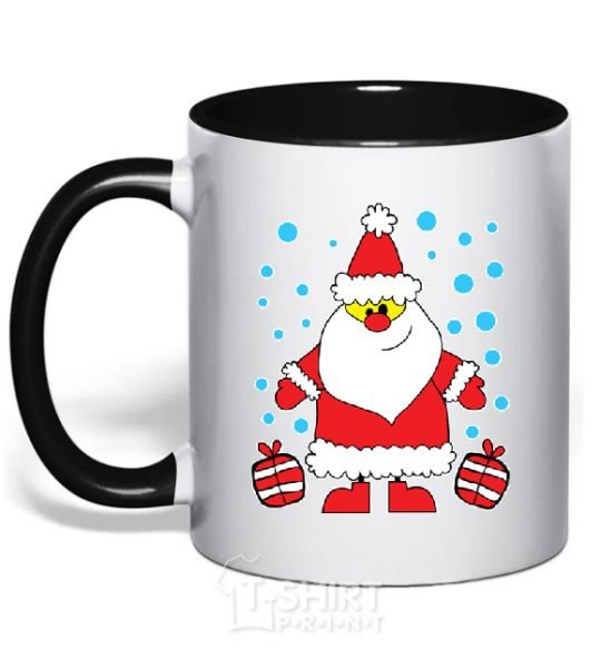 Mug with a colored handle SANTA CLAUS WITH A PRESENT black фото
