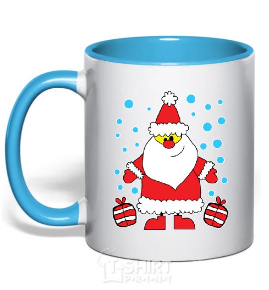 Mug with a colored handle SANTA CLAUS WITH A PRESENT sky-blue фото