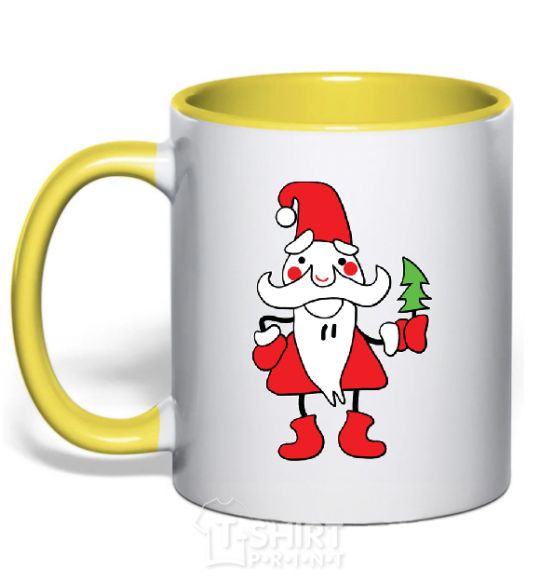 Mug with a colored handle SANTA CLAUS WITH A CHRISTMAS TREE yellow фото