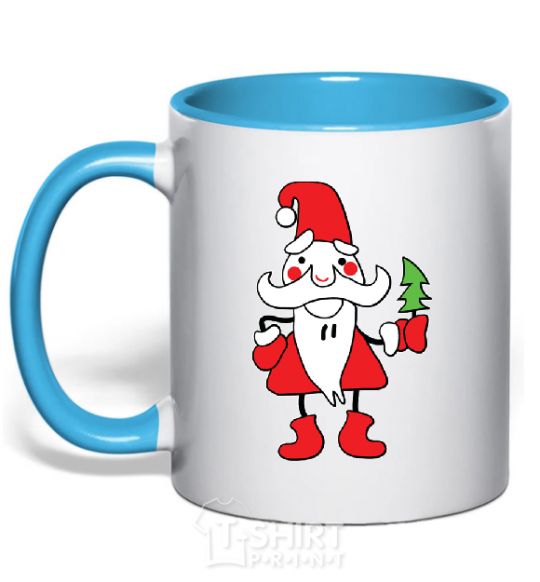 Mug with a colored handle SANTA CLAUS WITH A CHRISTMAS TREE sky-blue фото