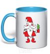 Mug with a colored handle SANTA CLAUS WITH A CHRISTMAS TREE sky-blue фото