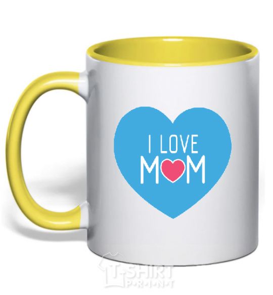 Mug with a colored handle I love mom big heart yellow фото