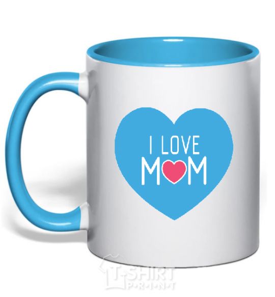 Mug with a colored handle I love mom big heart sky-blue фото