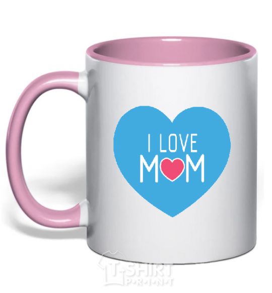 Mug with a colored handle I love mom big heart light-pink фото