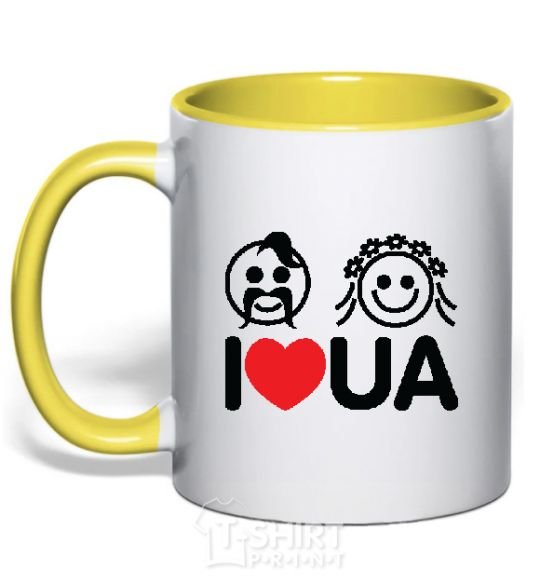 Mug with a colored handle I love UA yellow фото
