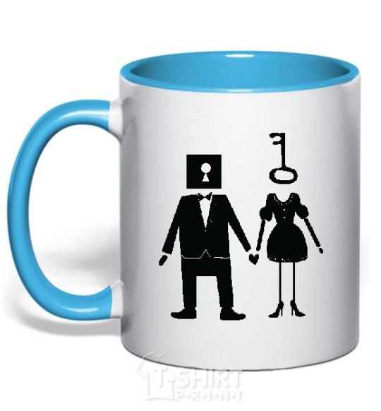 Mug with a colored handle A KEY and a LOCK sky-blue фото