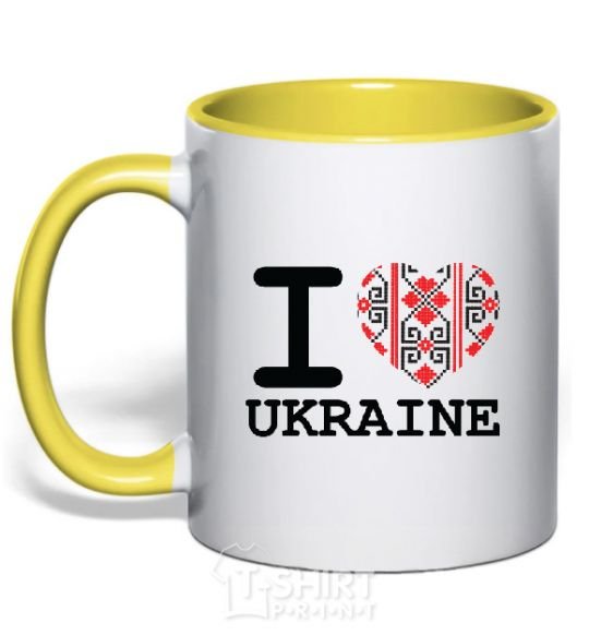 Mug with a colored handle I love Ukraine (embroidery) yellow фото