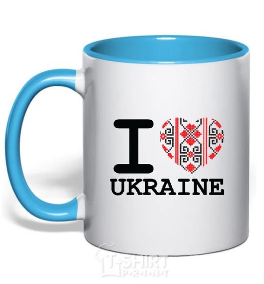 Mug with a colored handle I love Ukraine (embroidery) sky-blue фото