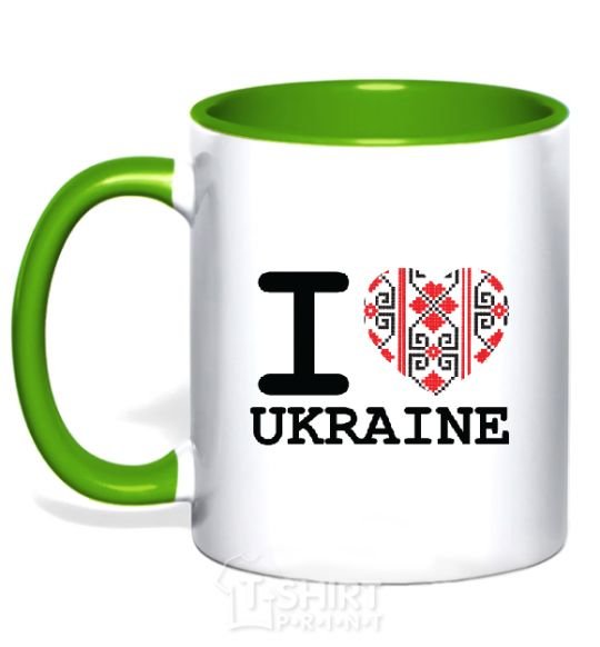 Mug with a colored handle I love Ukraine (embroidery) kelly-green фото