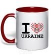 Mug with a colored handle I love Ukraine (embroidery) red фото