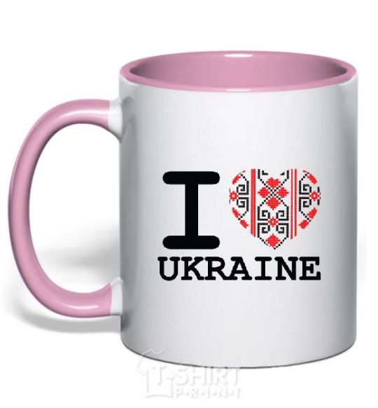 Mug with a colored handle I love Ukraine (embroidery) light-pink фото