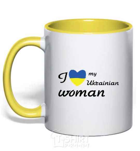 Mug with a colored handle I love my Ukrainian woman yellow фото