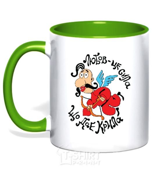 Mug with a colored handle Love is the power that gives you wings kelly-green фото