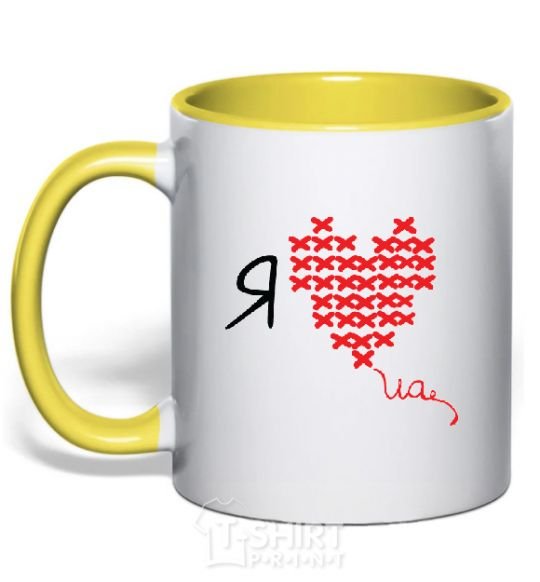 Mug with a colored handle I love UA - cross stitch yellow фото