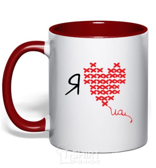 Mug with a colored handle I love UA - cross stitch red фото