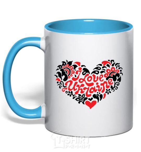 Mug with a colored handle I love Ukraine Logo sky-blue фото
