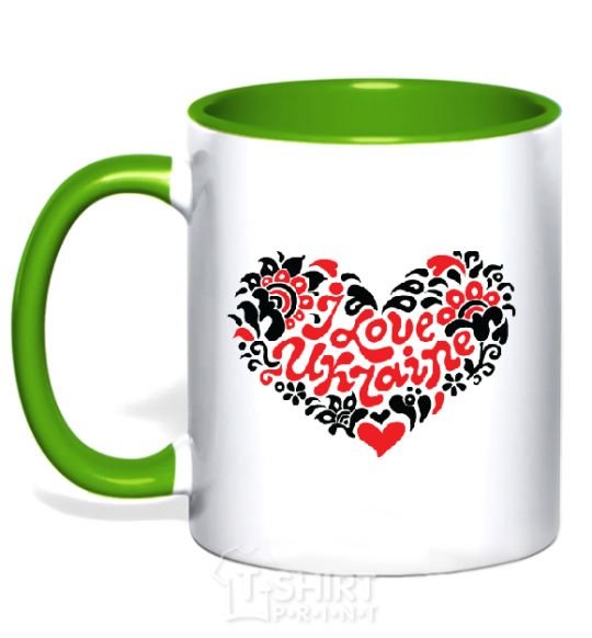 Mug with a colored handle I love Ukraine Logo kelly-green фото